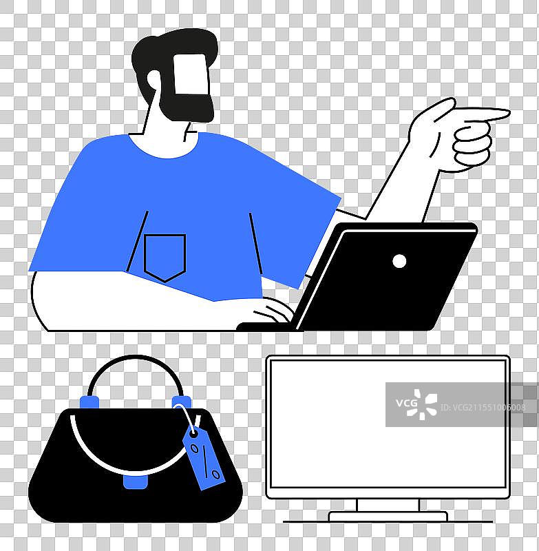 手拿笔记本电脑的男人指着时尚手袋图片素材