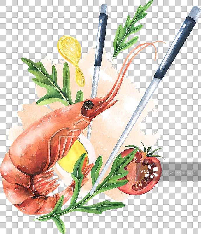 整只煮虾配芝麻菜和柠檬图片素材