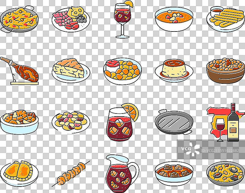 西班牙美食：海鲜饭和小吃图标集图片素材