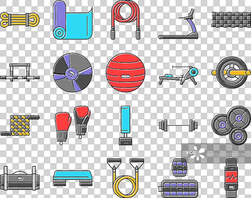 健身工具哑铃和壶铃图标集图片素材