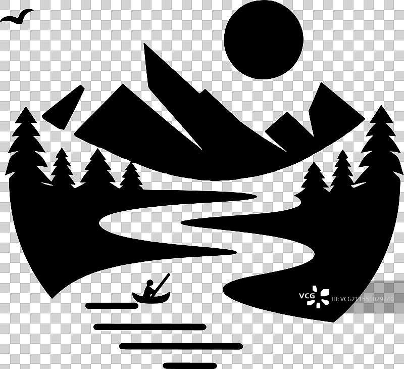 黑色剪影的人在船上划桨图片素材