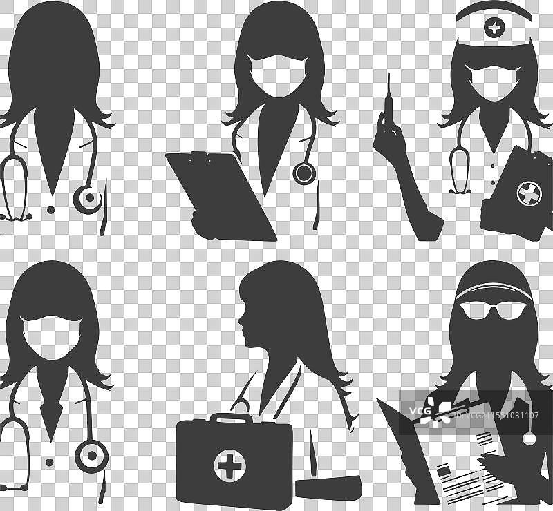 女性医生剪影，展示多种姿势图片素材