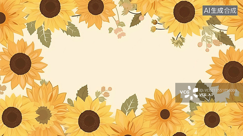 【AI数字艺术】夏至晴天向日葵盛开淡黄色海报边框装饰环绕图片素材