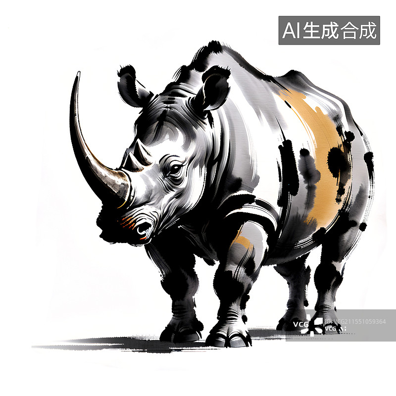 【AI数字艺术】动物主题水墨画 犀牛 中国画动物写意画图片素材