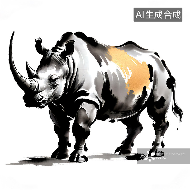 【AI数字艺术】动物主题水墨画 犀牛 中国画动物写意画图片素材