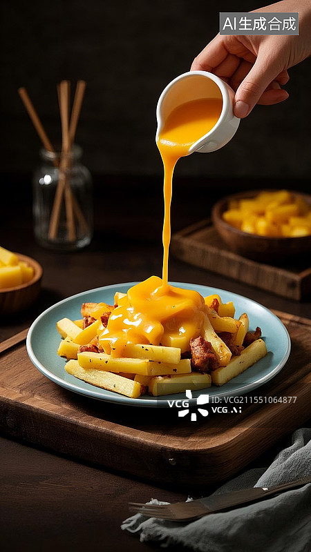 【AI数字艺术】干酪浇肉汁土豆条美食图片素材