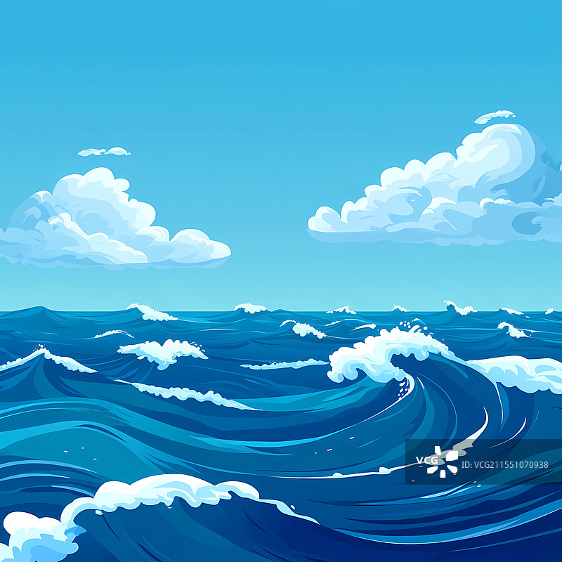 手绘蓝色大海海浪插画图片素材