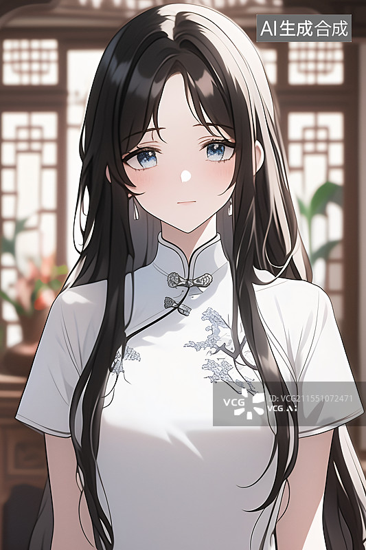【AI数字艺术】插画中身着旗袍的美女站在中式现代装修的室内，融合优雅、文化与精致，适合作为小说或图书封面设计图片素材