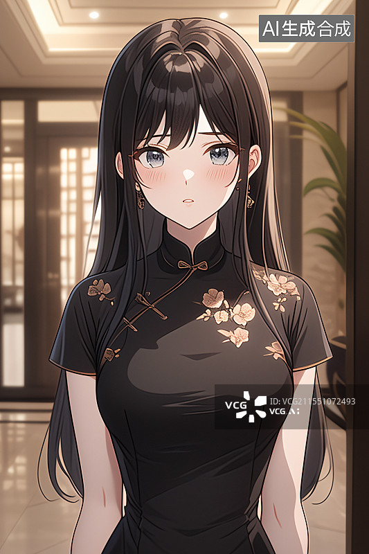 【AI数字艺术】插画中身着旗袍的美女站在中式现代装修的室内，融合优雅、文化与精致，适合作为小说或图书封面设计图片素材