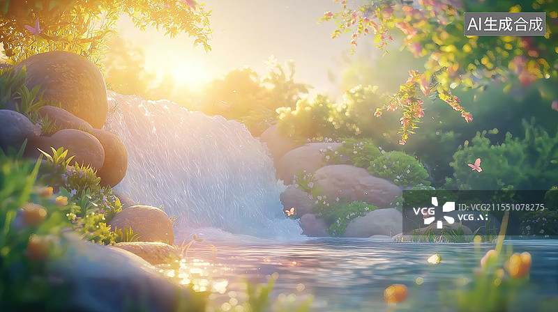【AI数字艺术】阳光下的清新小瀑布图片素材