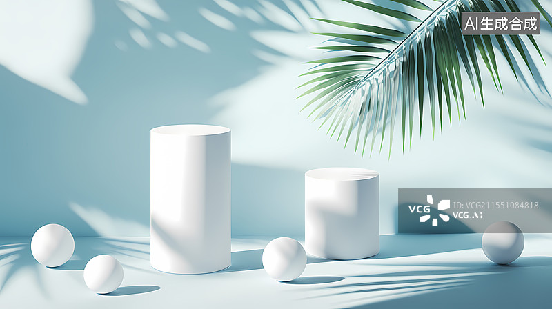 【AI数字艺术】蓝调背景下的圆柱与圆球和叶片图片素材