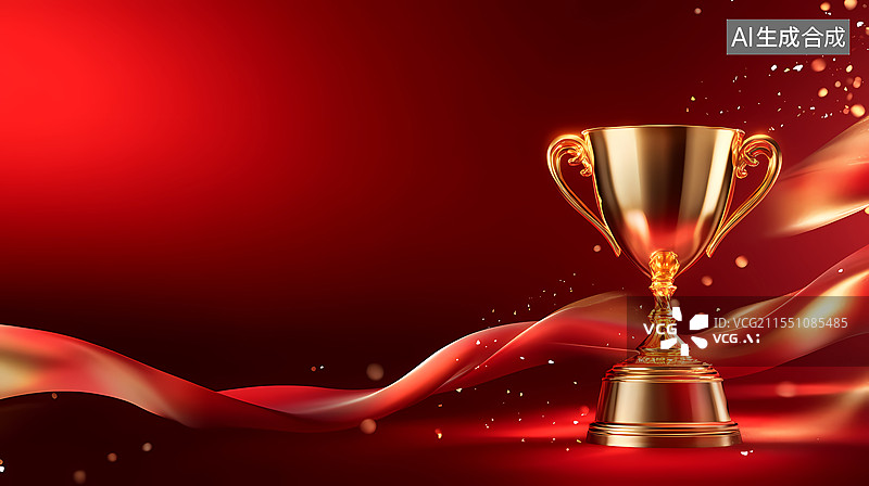 【AI数字艺术】红色背景上的金色奖杯在右下图片素材
