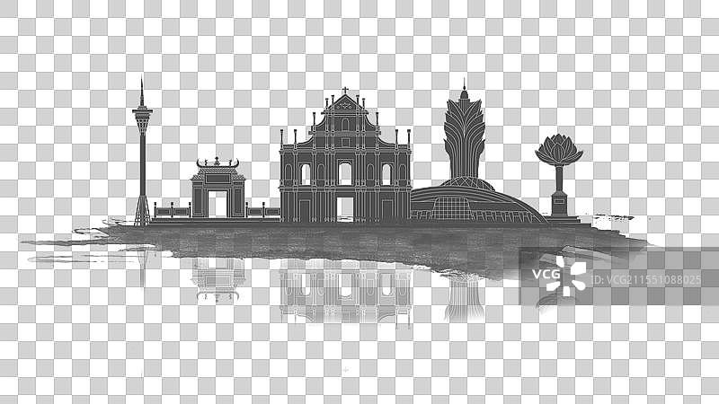 澳门中国风水墨城市毛笔建筑水彩画山水城市图片素材