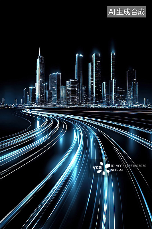 【AI数字艺术】黑色背景下的城市天际线和道路插画图片素材