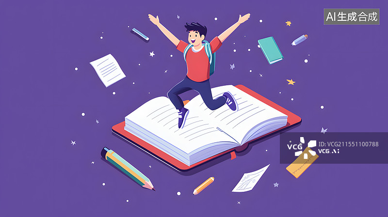 【AI数字艺术】一个开心的人在一本巨大书籍上跳跃，学生读书学习考试教育概念插画图片素材