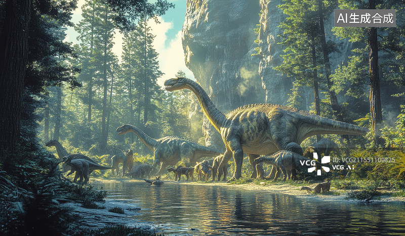 【AI数字艺术】森林中恐龙群活动场景图片素材