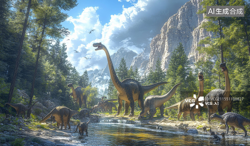 【AI数字艺术】森林中恐龙群活动场景图片素材