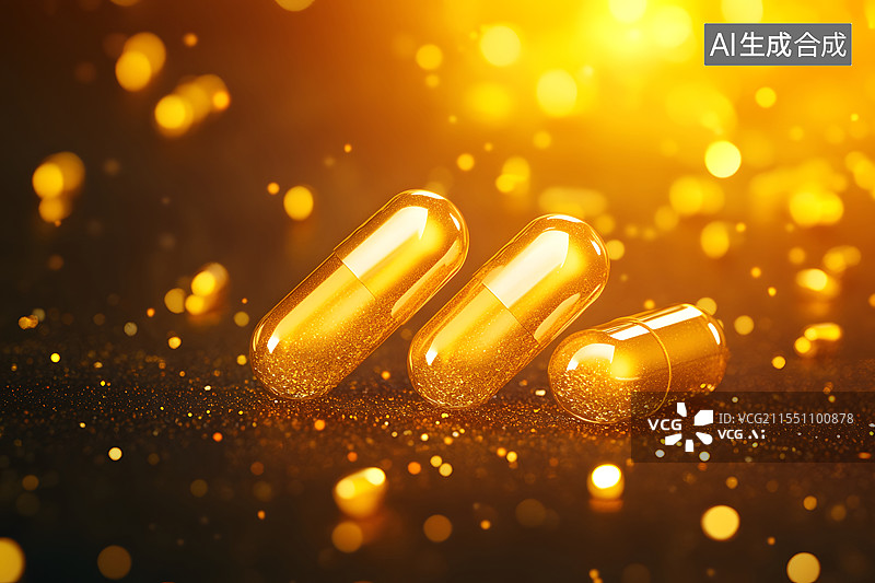 【AI数字艺术】金色胶囊药物的三维渲染图片素材