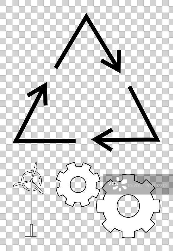 回收标志、风力涡轮机和齿轮图片素材
