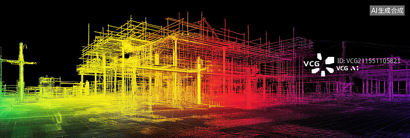 【AI数字艺术】量子建造者：低空经济遇上智能建筑抽象城市光网格与起重机构件重塑为芯片散热器构建房地产打地基工业区橙色图片素材
