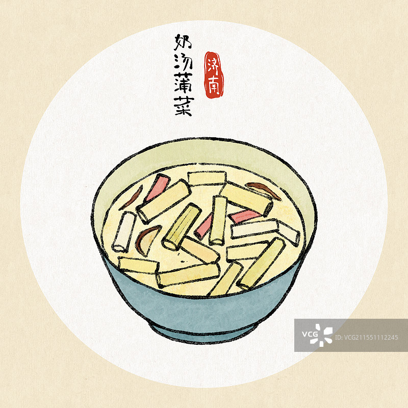 山东济南美食国风插画-奶汤蒲菜图片素材