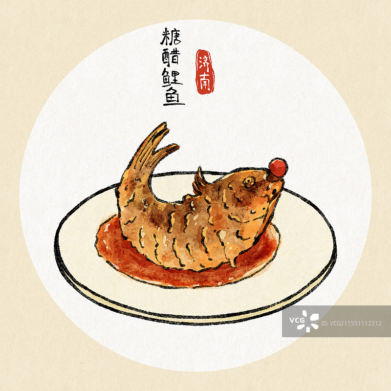 山东济南美食国风插画-糖醋鲤鱼图片素材