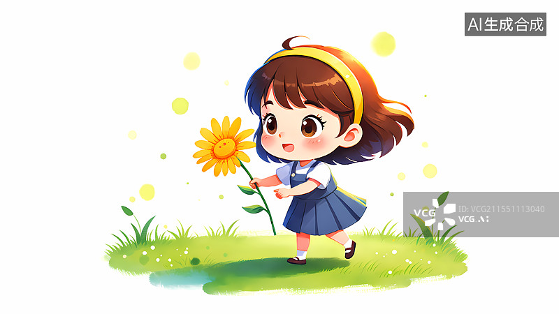 【AI数字艺术】拿着向日葵花朵的女孩插画图片素材