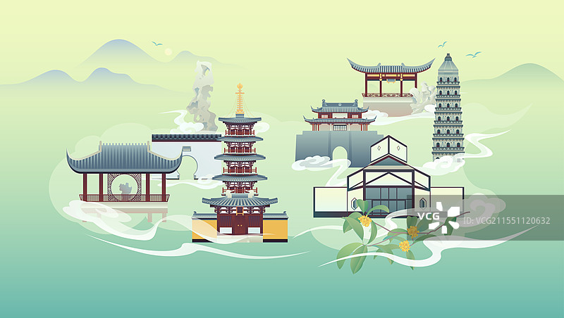 苏州中式传统建筑插画图片素材