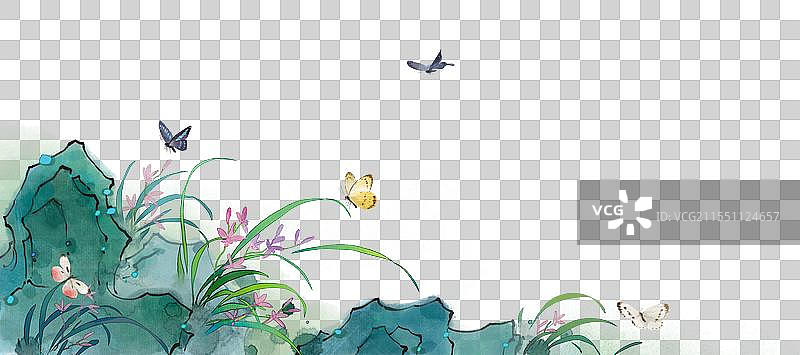 兰花蝴蝶假山石水墨画图片素材