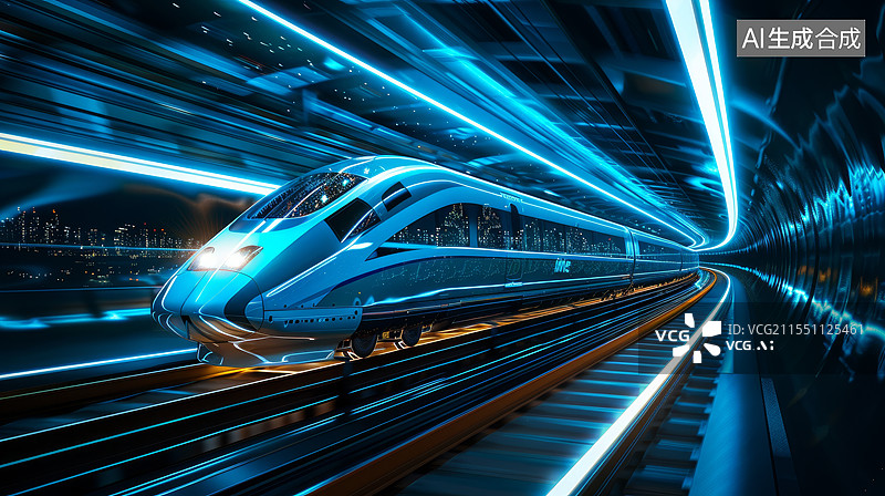 【AI数字艺术】蓝色虚拟发光的高速列车图片素材