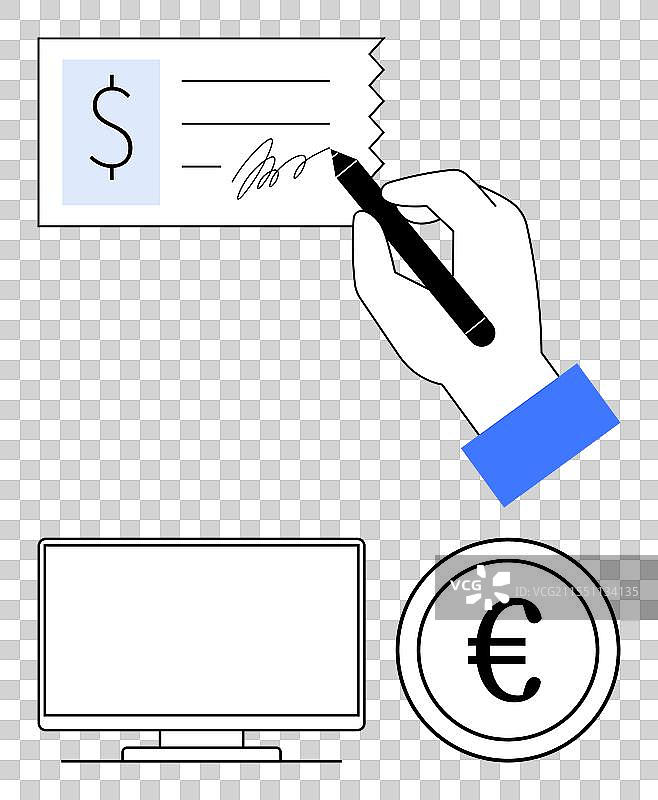手签支票、电脑显示器和欧元图片素材