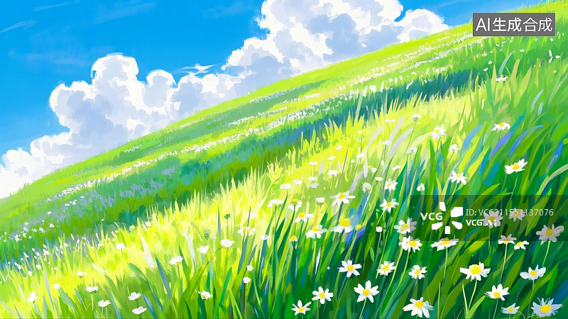 【AI数字艺术】春天草地野花插画图片素材
