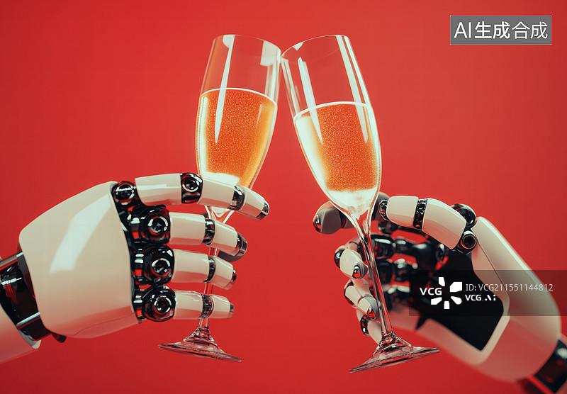 【AI数字艺术】一对机械手臂，每只手都握着一杯香槟酒，背景是红色的。两只机械手臂正在碰杯，象征着庆祝或合作的场景。图片素材