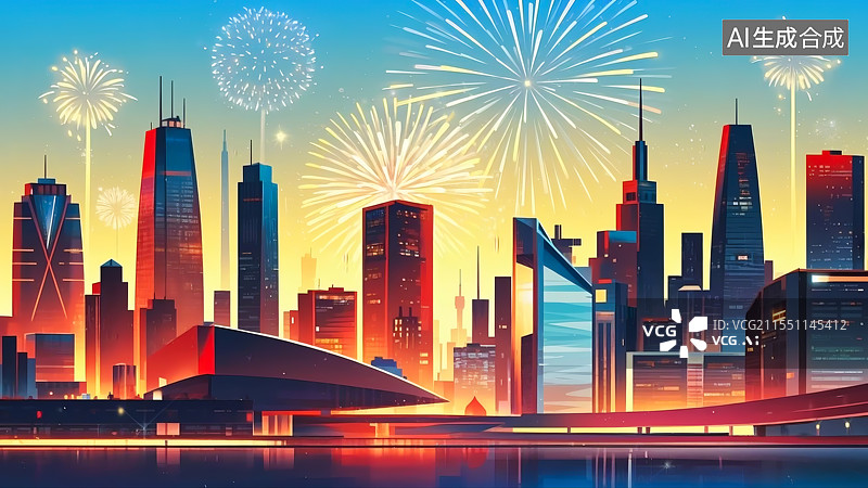 【AI数字艺术】城市烟花插画图片素材
