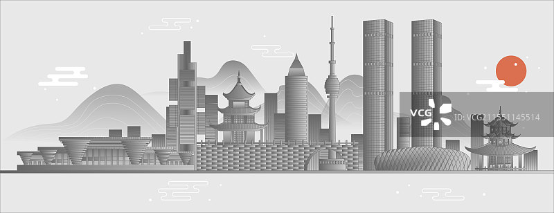 贵阳城市天际线地标建筑矢量图新中式水墨图片素材