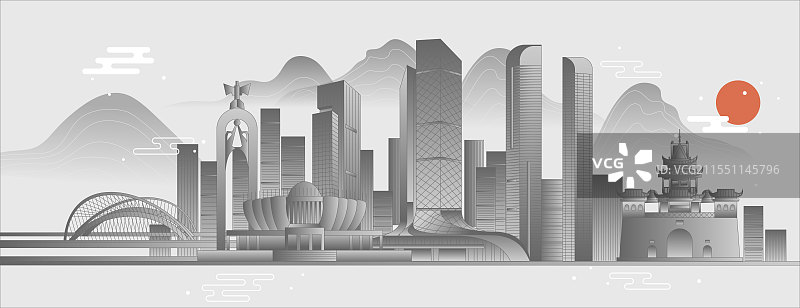 宁夏银川城市天际线地标建筑矢量图新中式水墨图片素材