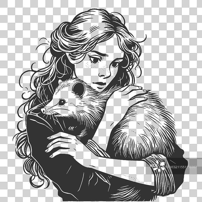 女人拥抱负鼠的雕刻图片素材