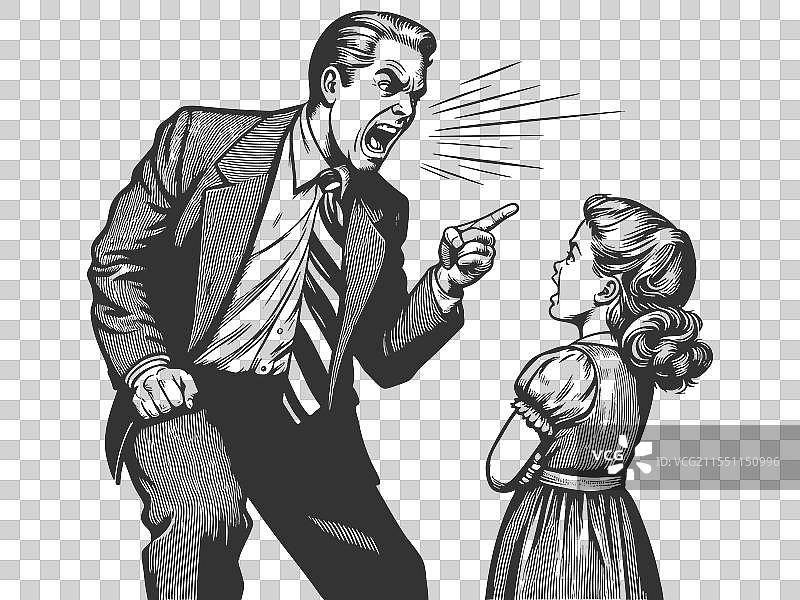 父亲对女儿大喊的雕刻素描图片素材