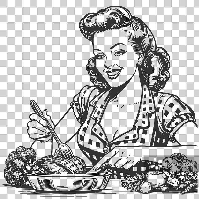 复古风格的女性切割烤肉和蔬菜图片素材