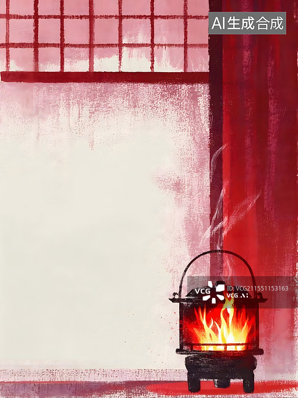 【AI数字艺术】节气组图，冬至，红窗边的炭火上有茶壶，火苗跳跃、热气升腾图片素材