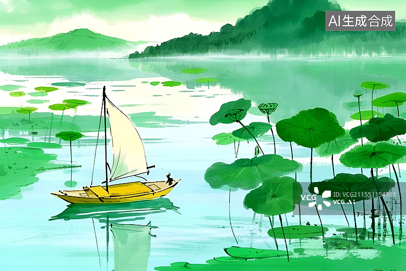 【AI数字艺术】水墨画山水小船图片素材