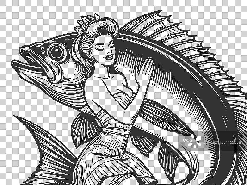 性感女郎拥抱巨型鱼图片素材