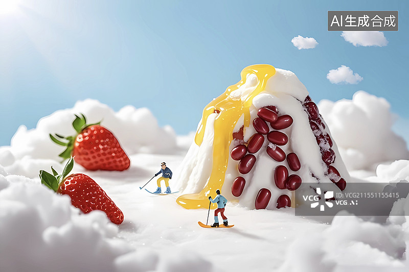 【AI数字艺术】微距夏天蜂蜜草莓雪糕滑雪创意场景图片素材