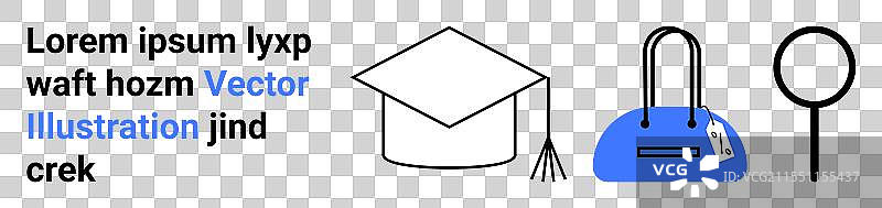 带标签的毕业帽手提包与放大镜图片素材