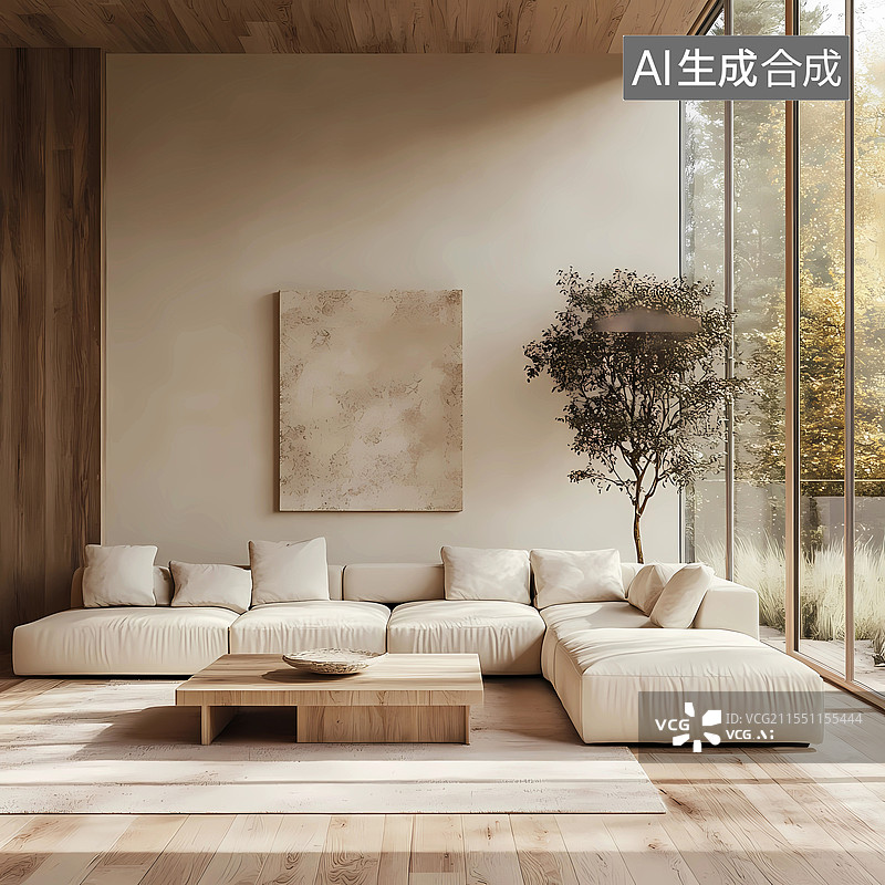 【AI数字艺术】森系木质客厅沙发温馨场景图片素材
