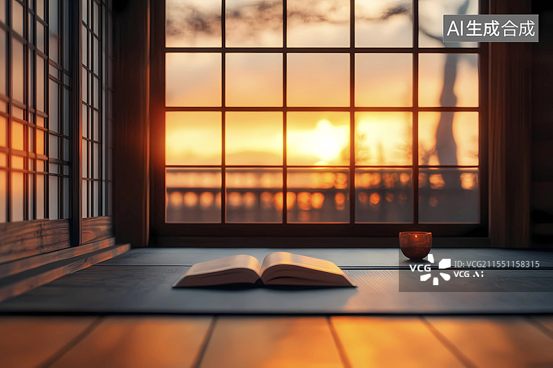 【AI数字艺术】夕阳余晖落地窗边的地上的一本书图片素材