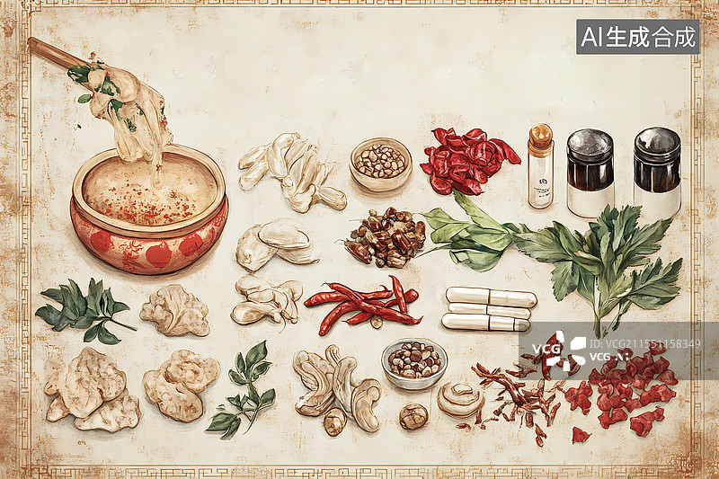 【AI数字艺术】古典中医药食材药材中医插画图片素材