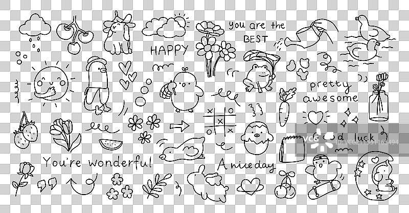 涂鸦：番茄、花朵、青蛙、小鸡和鸭子图片素材