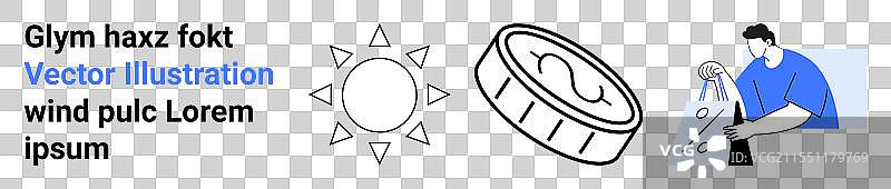 抽象主题，包含太阳图标、美元硬币和男士图片素材