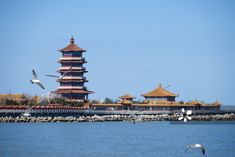 山东烟台蓬莱仙境八仙过海口景区历史古建筑城市旅游景点都市风光风景图片素材